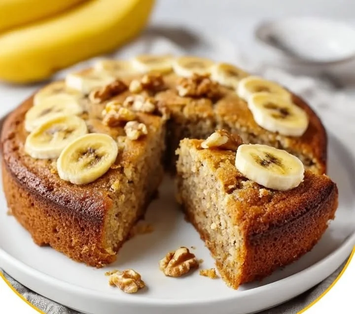Zuckerfreier Bananen-Nuss-Haferflocken-Kuchen auf einem Teller serviert.