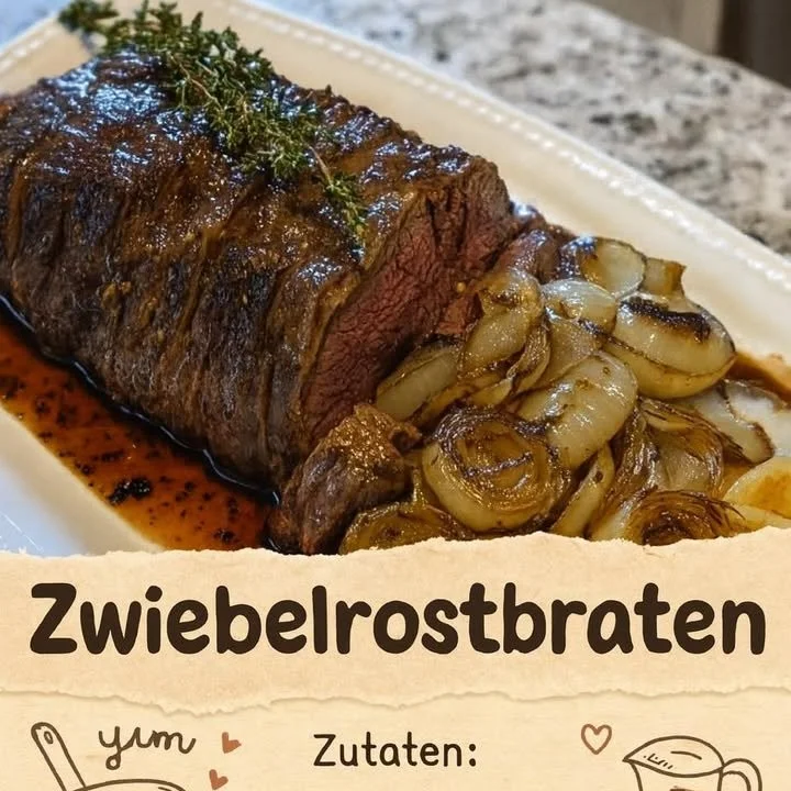 Zwiebelrostbraten mit Zwiebeln und Beilagen auf einem Teller serviert