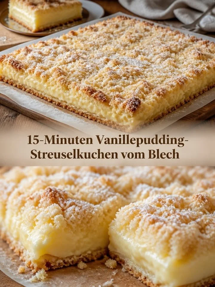 15-Minuten Vanillepudding-Streuselkuchen vom Blech mit Streuseln