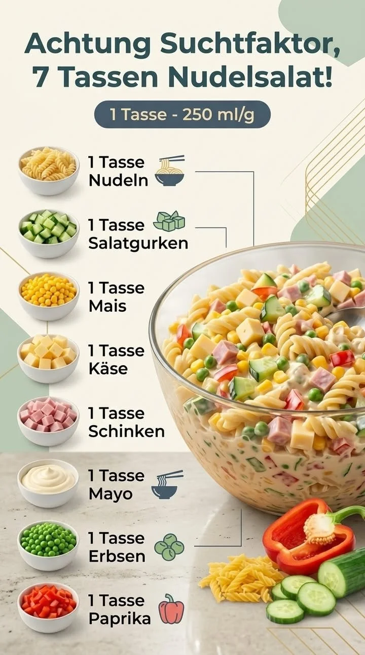7 Tassen Nudelsalat mit frischem Gemüse und würzigen Dressings