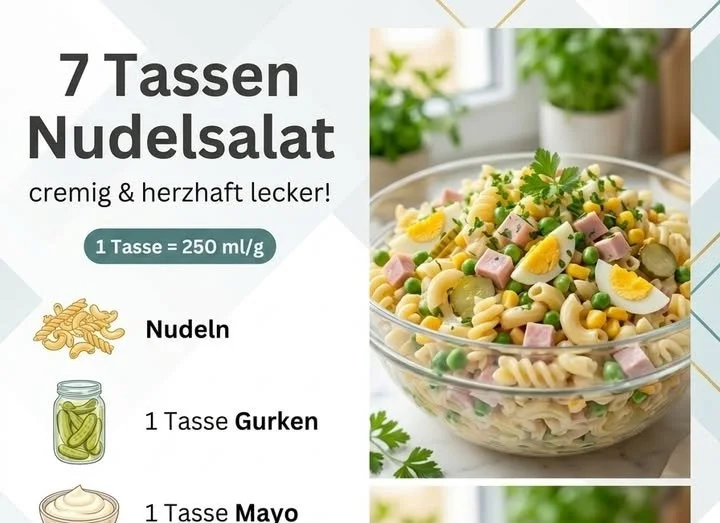 7 Tassen Nudelsalat - ein köstliches und einfaches Rezept für jeden Anlass