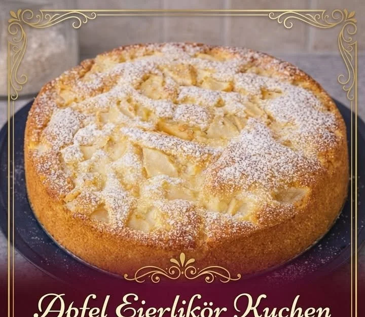 Apfel-Eierlikör-Kuchen mit Apfelstücken und Sahne-Topping
