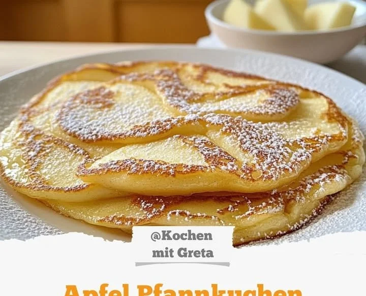 Delizioso Apfel Pfannkuchen serviert mit Puderzucker und Äpfeln