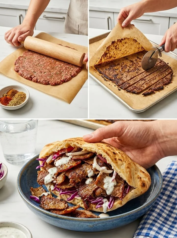 Leckere Backpapier-Döner aus Hackfleisch auf einem Teller serviert.