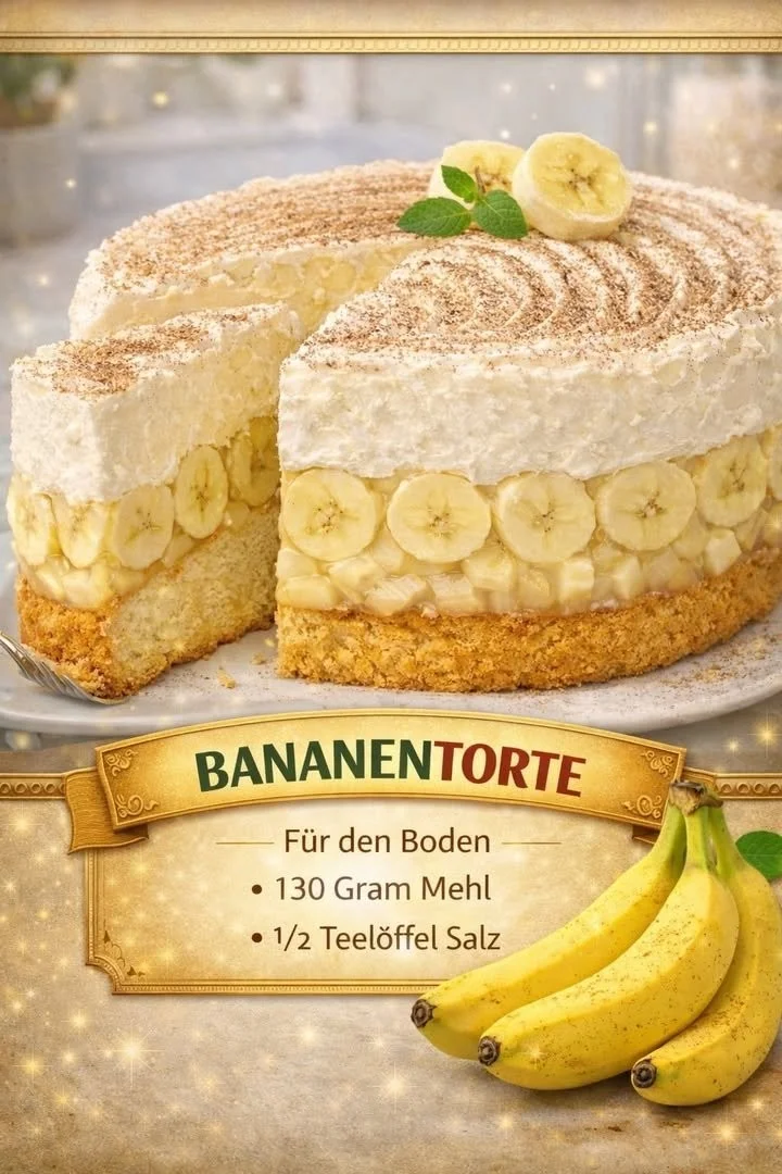 Bananentorte aus Bananen, Sahne und Schokolade serviert auf einem Teller