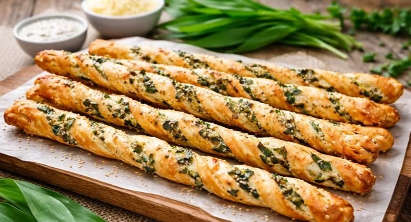 Frisch gebackene Bärlauch-Käsestangen mit Käse und grünem Bärlauch