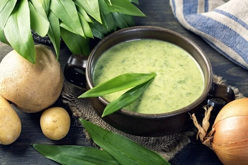 Bärlauch-Kräuter-Suppe mit frischen Kräutern in einer eleganten Schüssel