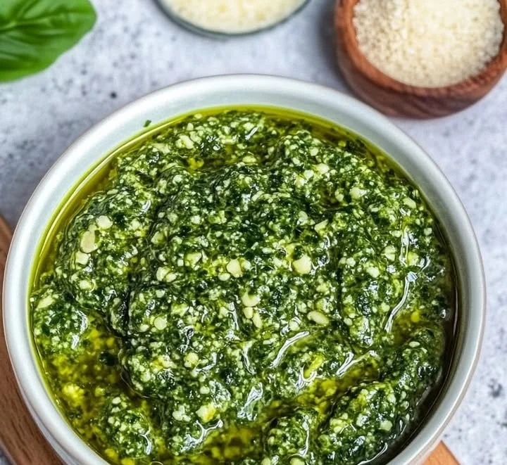 Bärlauchpesto mit gerösteten Walnüssen in einem Glas auf einem Holzbrett