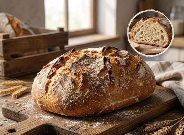 Frisches Bauernbrot auf einem Holzbrett, ideal für jede Mahlzeit.
