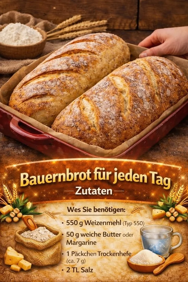 Hausgemachtes Bauernbrot nach bestem Rezept, frisch gebacken und goldbraun.