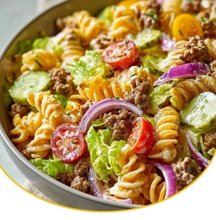 Ein ansprechender Teller Big Mac Pasta Salat mit frischen Zutaten und würzigem Dressing