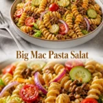 Leckere Big Mac Pasta Salat mit frischen Zutaten und aromatischen Saucen.