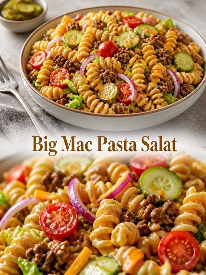 Leckere Big Mac Pasta Salat mit frischen Zutaten und aromatischen Saucen.