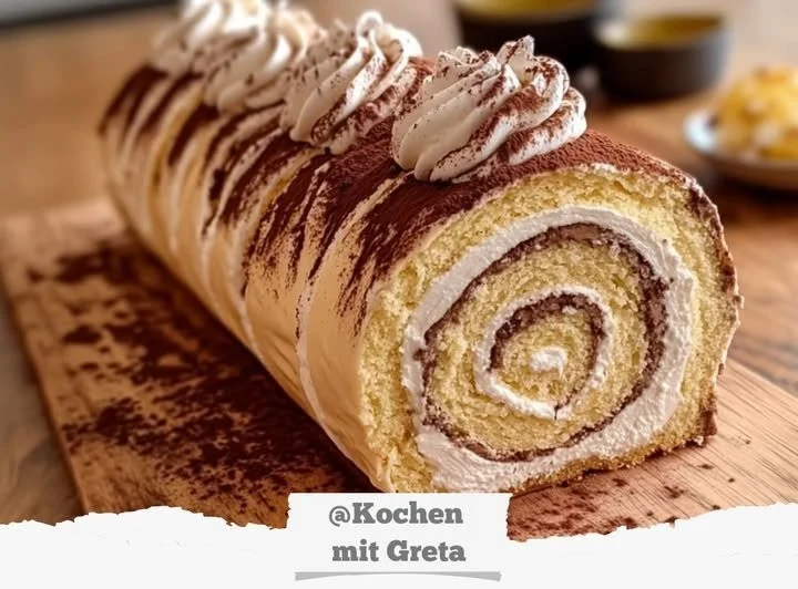 Biskuitrolle mit Kaffeecreme auf einem Teller dekoriert