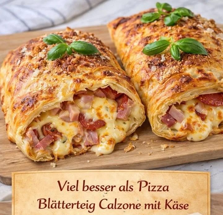 Blätterteig Calzone gefüllt mit Salami und Käse auf einem Teller