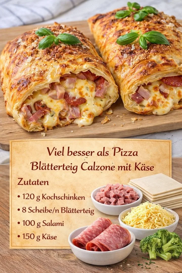 Blätterteig Calzone gefüllt mit Salami und Käse auf einem Teller