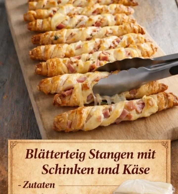 Blätterteig-Stangen mit Schinken und Käse auf einem Teller serviert