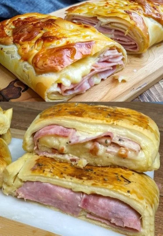 Blätterteigstrudel gefüllt mit Schinken und Käse, frisch gebacken und knusprig