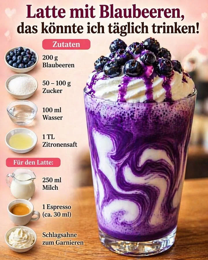 Ein köstlicher Blaubeer Latte mit frischen Blaubeeren und Milchschaum.