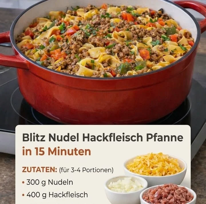Blitz-Nudel-Hackfleisch-Pfanne mit frischen Zutaten und Gewürzen