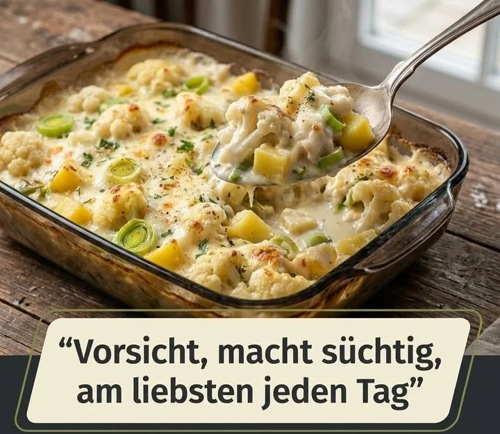 Blumenkohl-Kartoffel-Lauch-Auflauf mit Crème fraîche frisch aus dem Ofen