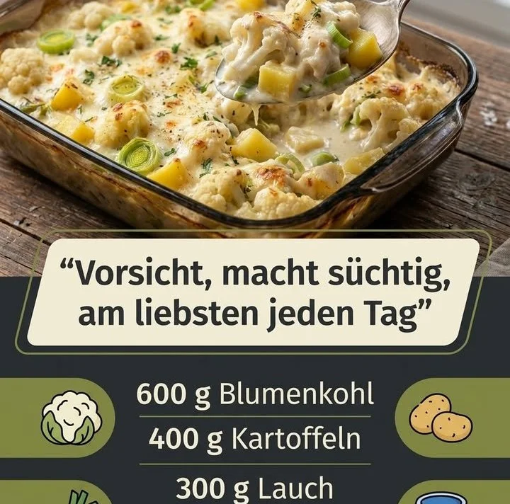 Blumenkohl-Kartoffel-Lauch-Auflauf mit Crème fraîche auf einem Teller serviert.