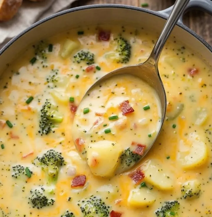 Cremige Brokkoli-Käse-Suppe in einer Schüssel mit frischen Zutaten