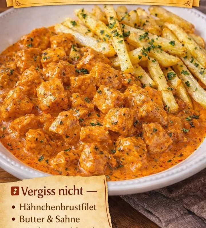 Butter Chicken mit Knoblauchsauce und Pommes auf einem Teller serviert