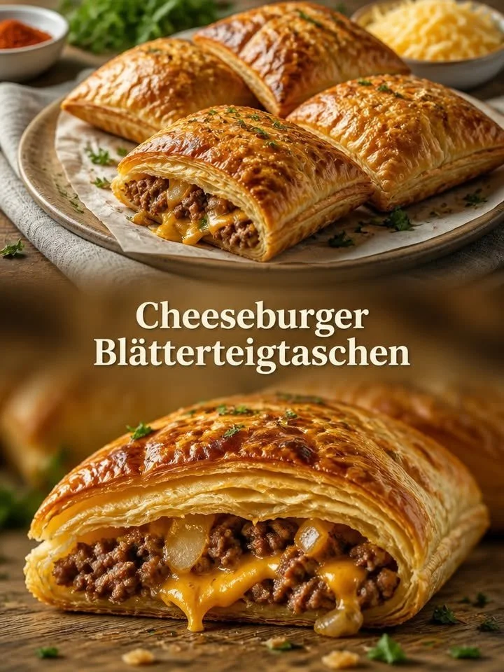 Cheeseburger Blätterteigtaschen auf einem Teller serviert