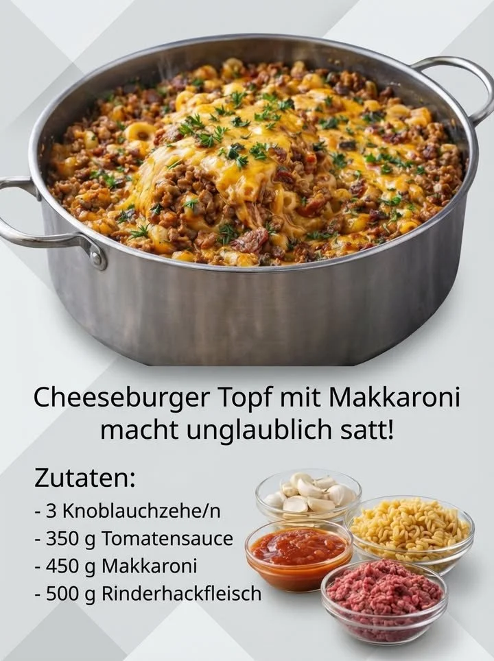 Cheeseburger-Pfanne mit Makkaroni, frisch zubereitet und serviert.