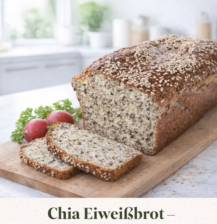 Leckeres Chia Proteinbrot frisch gebacken auf einem Holzbrett