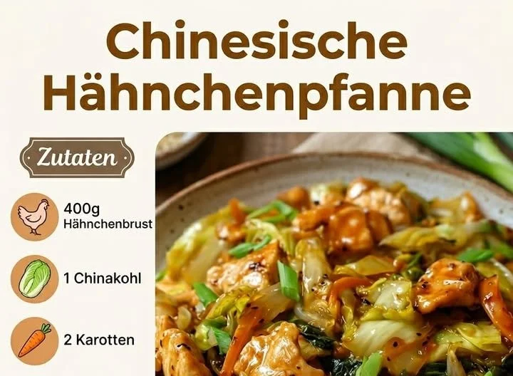 Chinesische Hähnchenpfanne mit Spitzkohl und Zwiebeln auf einem Teller