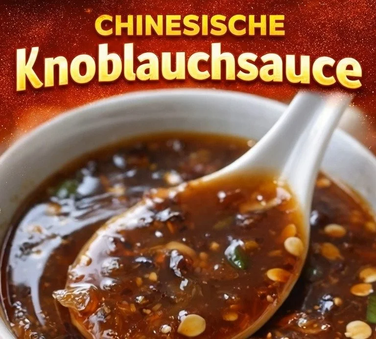 Schüssel mit chinesischer Knoblauchsauce auf einem Küchentisch