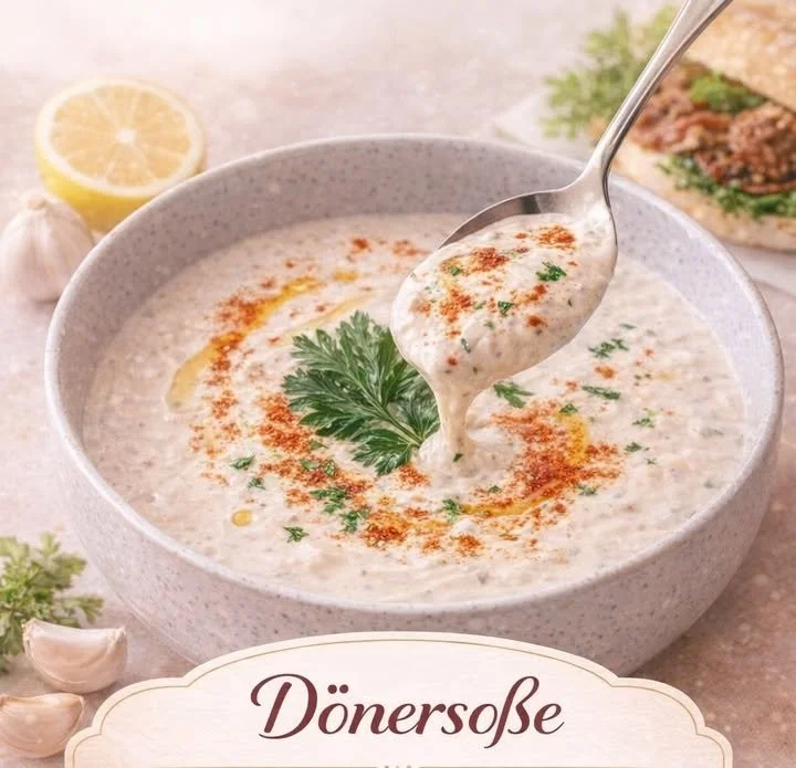 Cremige Dönersoße in einer Schüssel mit frischen Kräutern