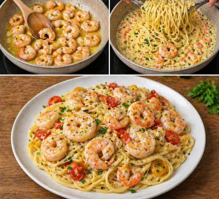 Cremige Garnelen-Spaghetti mit frischen Garnelen und einer aromatischen Sauce.