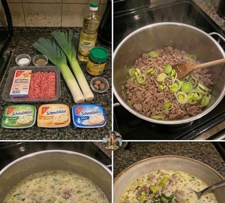 Cremige Hackfleisch-Lauchsuppe in einer Schüssel serviert