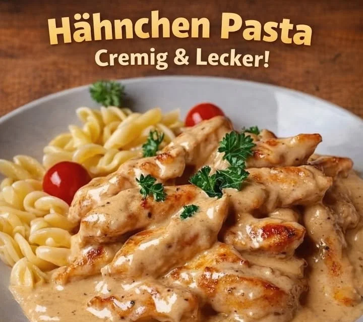Cremige Hähnchen-Nudeln in sahniger Sauce auf einem Teller serviert.