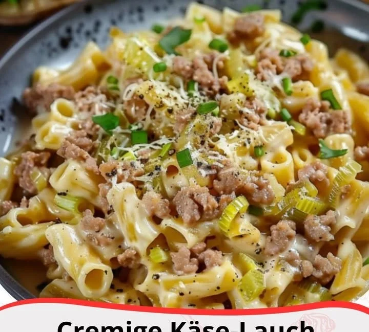 Cremige Käse-Lauch Pasta mit Hackfleisch in einer Schüssel serviert