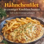 Cremige Knoblauchsoße mit frischem Brot serviert auf einem Teller.