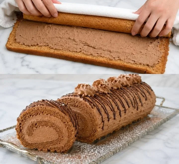 Cremige Mokka-Biskuitrolle mit Schokolade und Kaffeegeschmack auf einem Teller