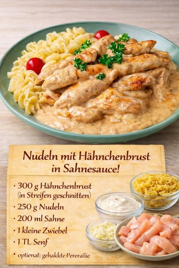 Cremige Nudeln mit Hähnchenbrust auf einem Teller serviert