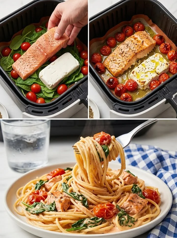 Cremige Tuscan-Lachs-Pasta mit frischen Zutaten in einer Schüssel serviert