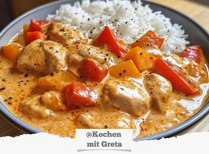 Cremiges Paprika-Hähnchen mit frischen Zutaten und Soße auf einem Teller serviert.
