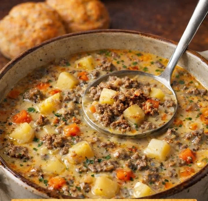 Eine köstliche Wintersuppe in einer Schüssel, garniert mit frischen Kräutern.