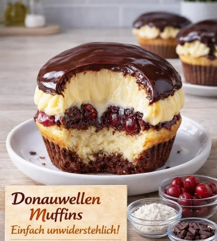 Leckere Donauwellen-Muffins mit Schokolade und Kirschfüllung