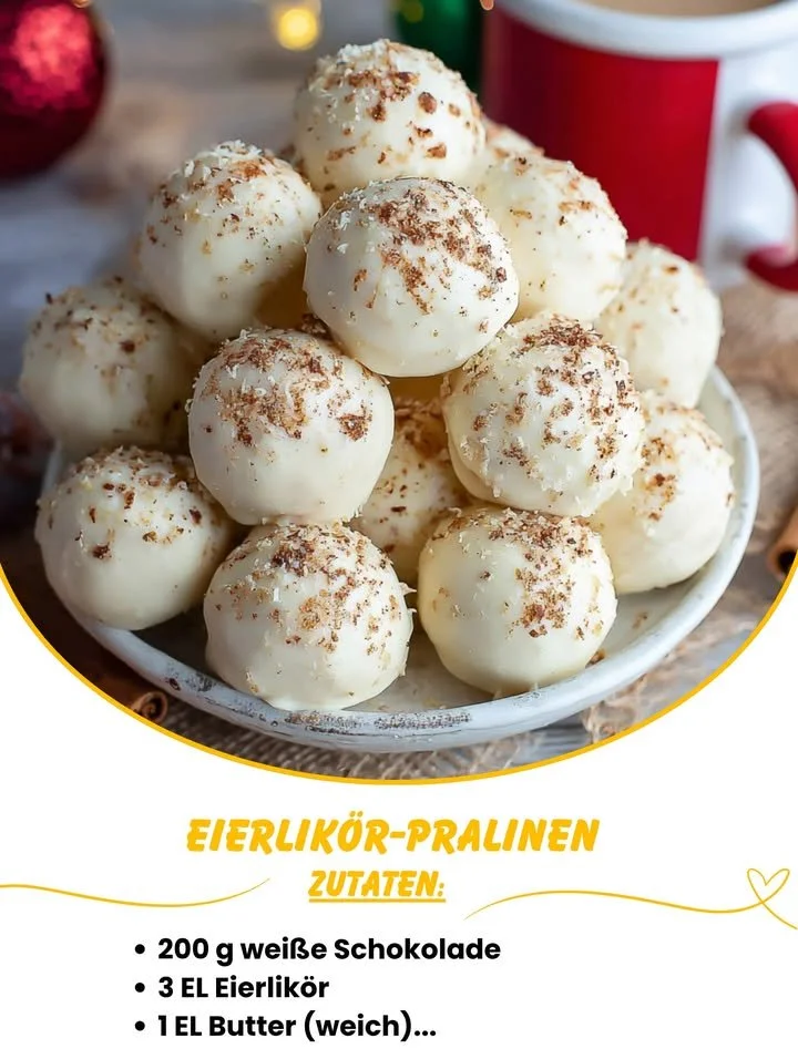 Leckere Eierlikör-Pralinen auf einem stilvollen Teller angerichtet.