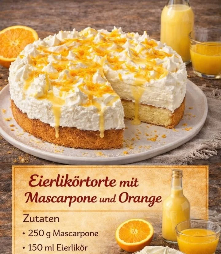 Eierlikörtorte mit Mascarpone und Orange auf einem Teller angerichtet