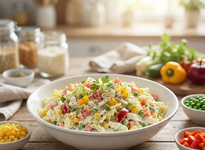 Einfacher cremiger Salat in einer Schüssel, serviert mit frischen Zutaten.