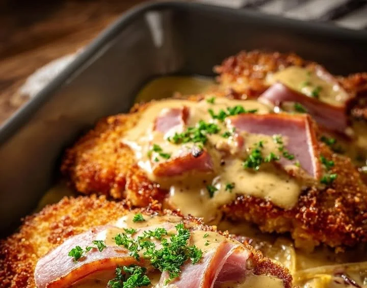Elsässer Schnitzel auf einem Teller mit frischen Beilagen.