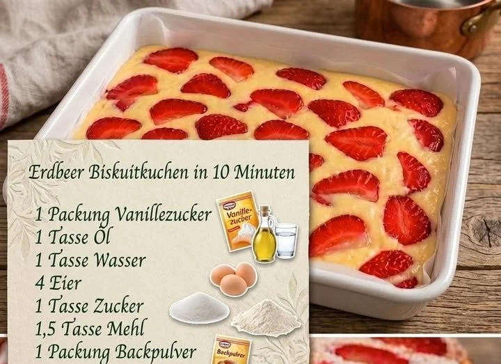 Erdbeer Biskuitkuchen mit frischen Erdbeeren und Sahne